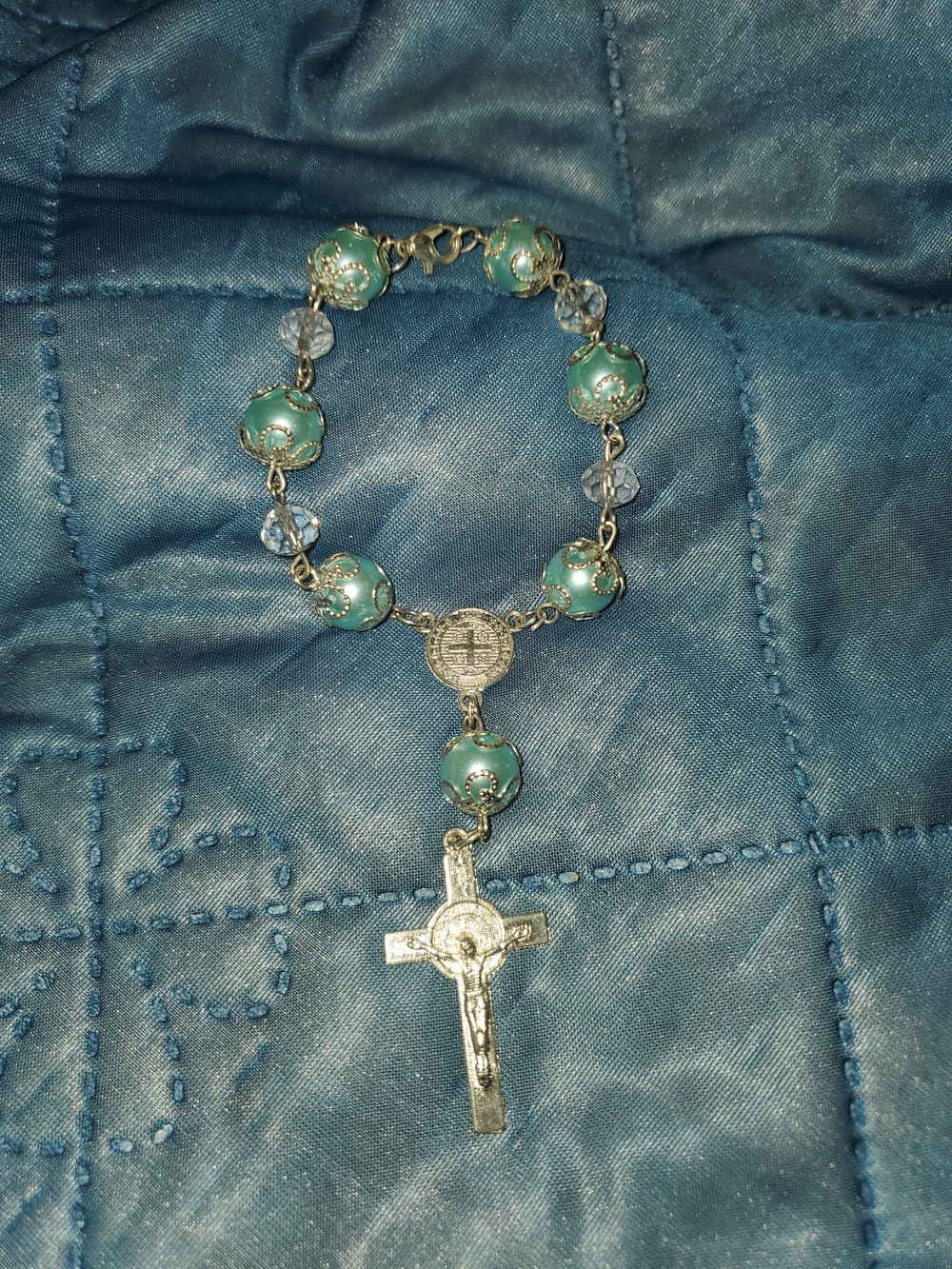 Turquoise Bead Catholic Pocket Rosary with Silver Crucifix